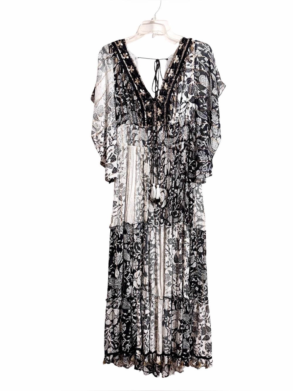 Me 2 Magic Boho Tiered Gauze Maxi Dress Womens L Tassels Sequins Flutter Sleeve